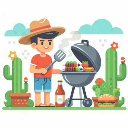 Vector illustration of a man cooking on a barbecue. Flat style.のイラスト素材