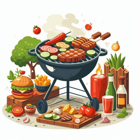Barbecue grill with meat, vegetables and spices. Vector illustration.のイラスト素材