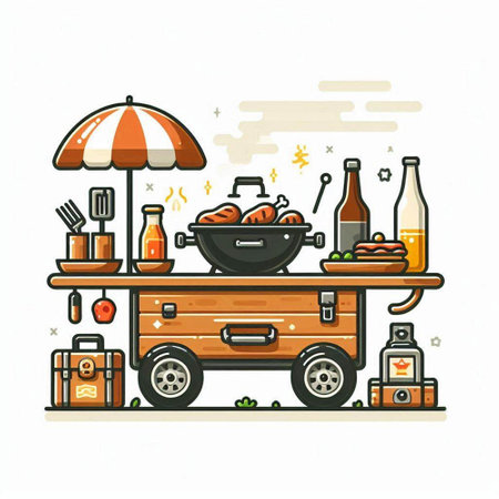Street food cart with food and drinks. Vector illustration in cartoon style.のイラスト素材