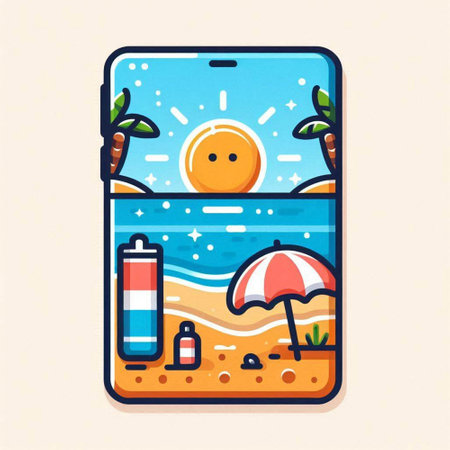Mobile phone with sun and beach on screen, flat vector illustration.のイラスト素材