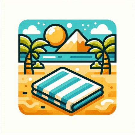 Vector illustration of a beach with sun lounger, palm trees and sand. Summer vacation concept.のイラスト素材