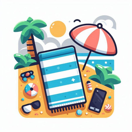 Flat design modern vector illustration concept of summer vacation. Summer beach with palm trees, sunbed, umbrella, smartphone.のイラスト素材