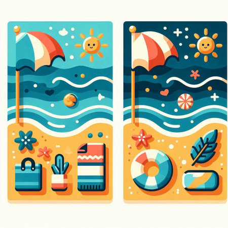 Set of summer beach icons. Vector illustration in flat cartoon style.のイラスト素材