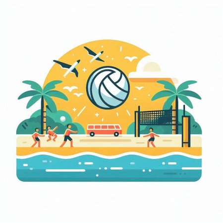 Beach volleyball flat vector illustration. Summer vacation and sport activity concept.のイラスト素材