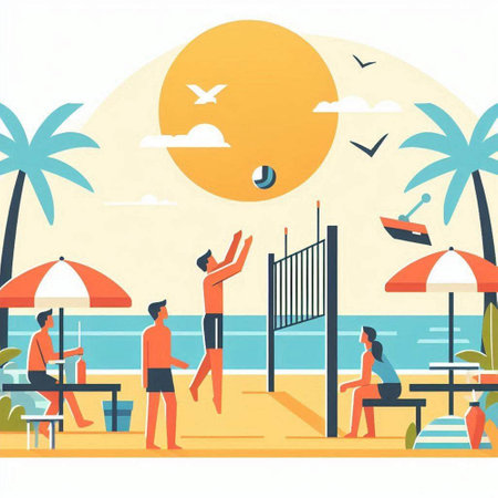 People Playing Volleyball on Beach, Summertime Vacation Vector Illustrationのイラスト素材
