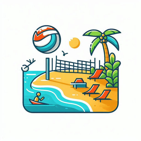 Beach with palm trees and volleyball ball. Vector illustration in flat styleのイラスト素材