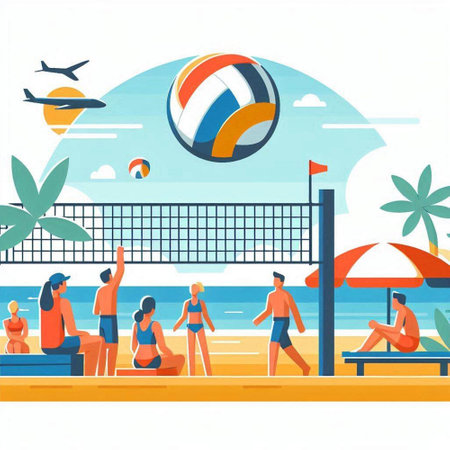 Beach volleyball vector illustration in flat style. People playing volleyball on the beachのイラスト素材