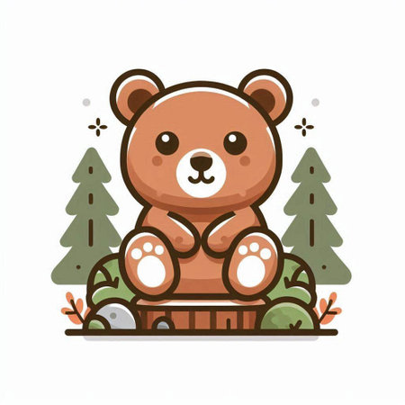 Cute teddy bear sitting on a bench in the forest. Vector illustrationのイラスト素材