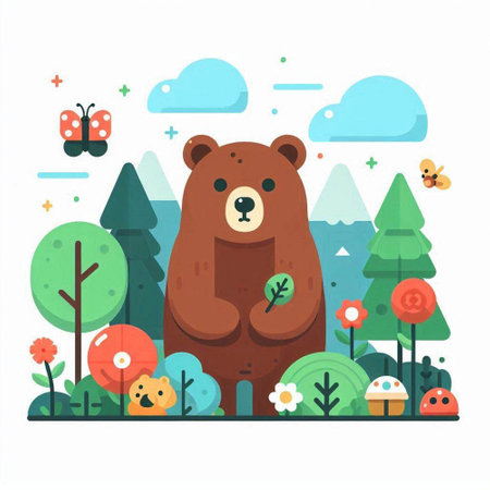 Cute cartoon bear in the forest. Vector illustration in flat styleのイラスト素材