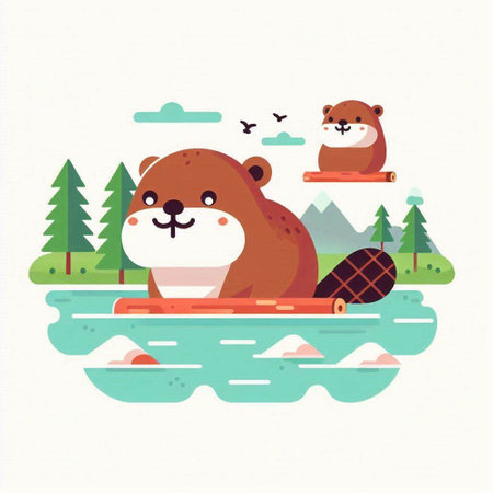 Cute beaver on a raft. Vector illustration in flat styleのイラスト素材