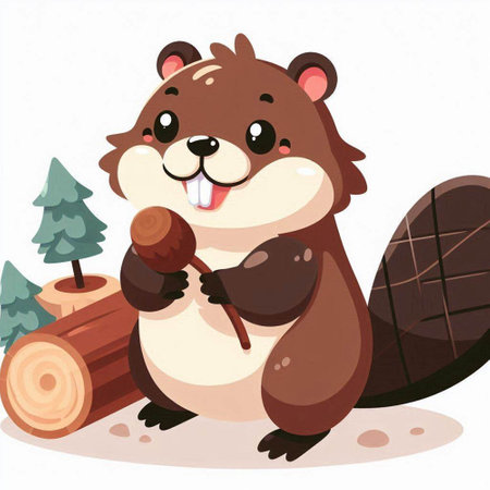 Illustration of a Cute Beaver Holding a Wooden Stick and a Treeのイラスト素材