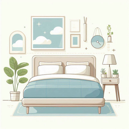 Vector illustration of a bedroom with a bed and a set of accessoriesのイラスト素材