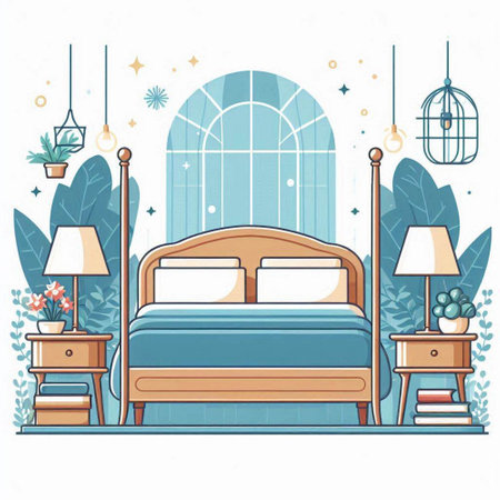 Vector illustration of a cozy bedroom with a double bed, bedside table, lamps, and plants.のイラスト素材
