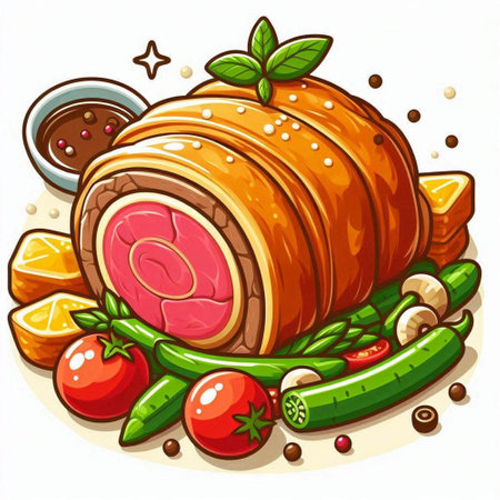 Meatloaf with vegetables and spices on a white background. Vector illustration.のイラスト素材