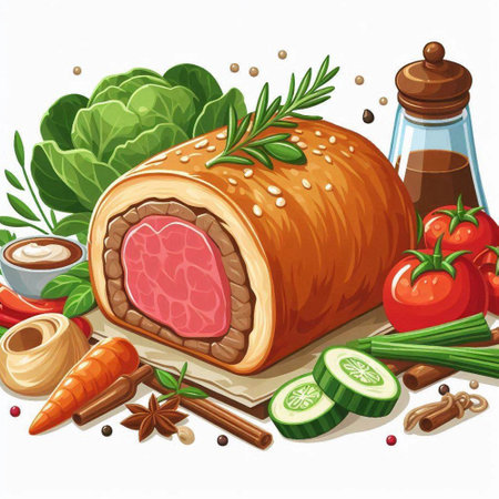 Meatloaf with vegetables and spices on a white background. Vector illustrationのイラスト素材