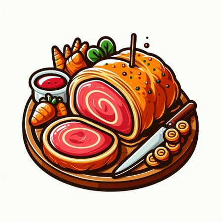 Roast pork meat with carrot and tomato sauce, vector illustration.のイラスト素材