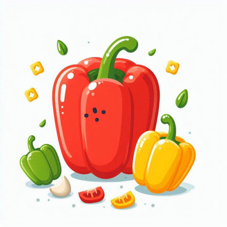 Red and yellow bell pepper, tomato, onion and garlic. Vector illustration.のイラスト素材
