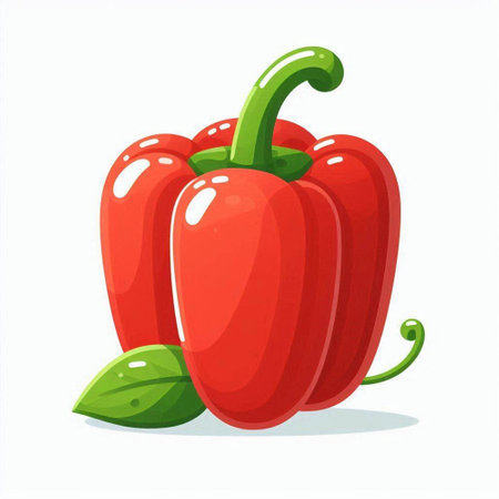 Red bell pepper with leaves isolated on white background. Vector illustration.のイラスト素材