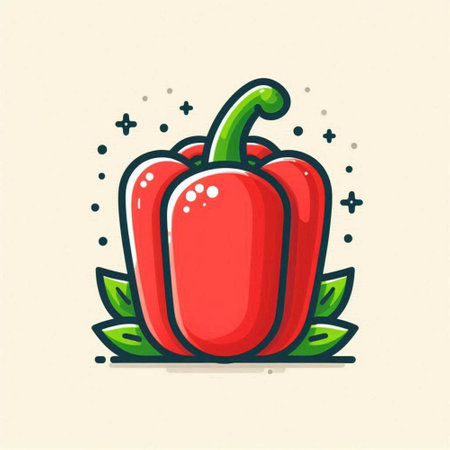 Bell pepper vector illustration. Red bell pepper with leaves and dots.のイラスト素材