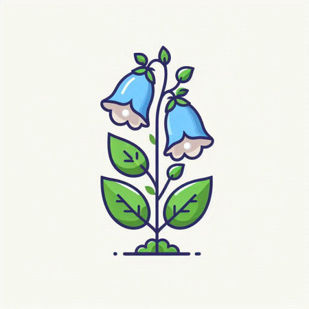 Flower icon. Vector illustration with bluebells and green leaves.のイラスト素材