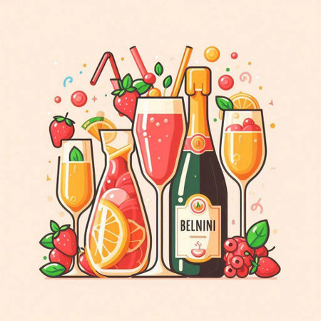 Colorful vector illustration of a set of alcoholic drinks with fruits and berries.のイラスト素材