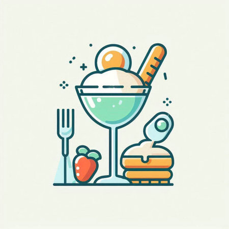 Ice cream in a glass cup with a spoon, fork and strawberry. Vector line icon.のイラスト素材