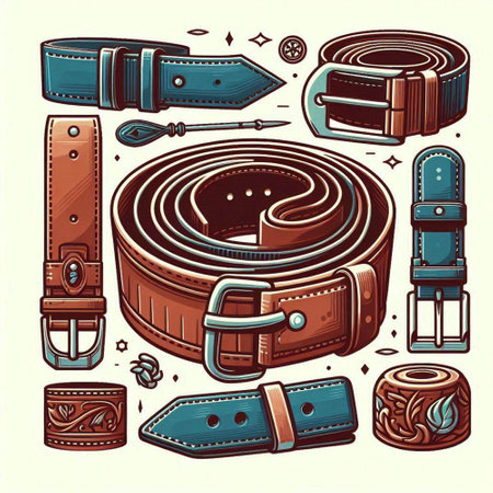 Set of vintage leather belts. Vector illustration in hand drawn style.のイラスト素材