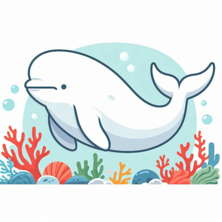 Cute cartoon whale in the sea. Vector illustration isolated on white background.のイラスト素材