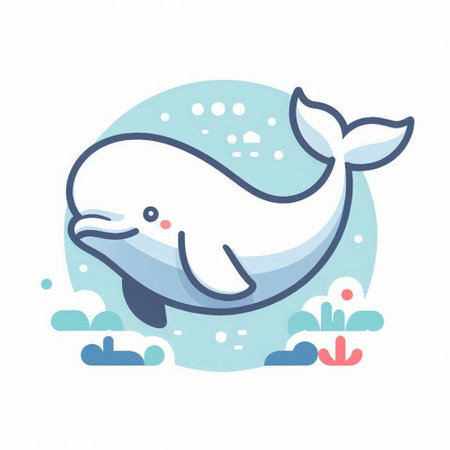 Cute cartoon whale in the sea. Vector illustration on white background.のイラスト素材