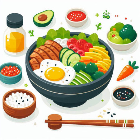 Bowl of Japanese food. Vector illustration on a white background.のイラスト素材
