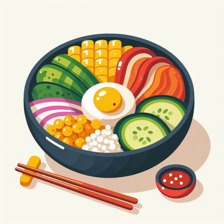 Bowl of miso soup with vegetables and eggs. Vector illustration.のイラスト素材