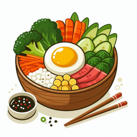 Bowl of Asian food with vegetables and egg. Vector illustration.のイラスト素材