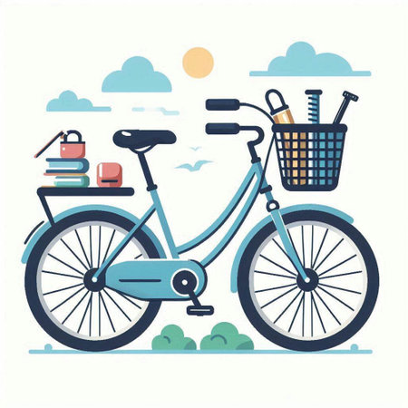 Bicycle with a basket of things. Vector illustration in flat styleのイラスト素材