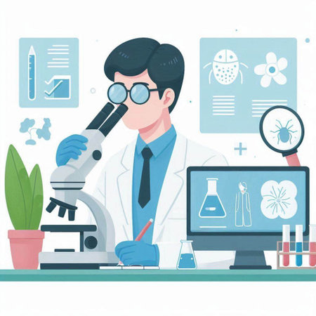 Scientist working with microscope in laboratory. Vector illustration in flat styleのイラスト素材