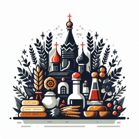 Vector illustration of religious symbols and elements of Russian culture on white background.のイラスト素材