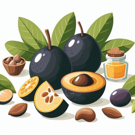 Illustration of fresh black olives with leaves and oil on white backgroundのイラスト素材