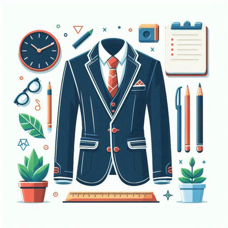 Vector illustration of stylish business suit and office supplies in flat style.のイラスト素材