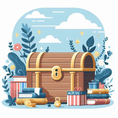 Treasure chest with books, books and flowers. Vector illustration.のイラスト素材