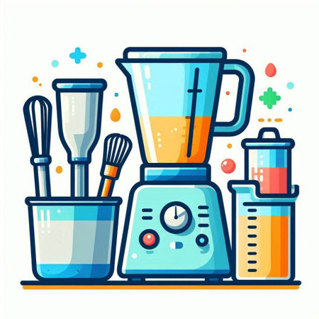 Kitchen equipment. Blender, mixer, whisk, brushes, water drops. Flat vector illustrationのイラスト素材