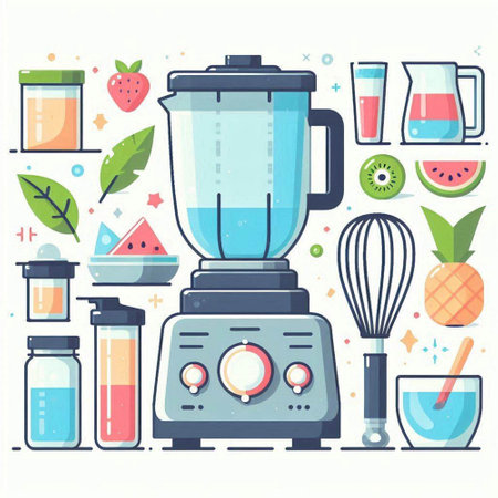 Kitchen blender with ingredients for making smoothies. Flat vector illustration.のイラスト素材