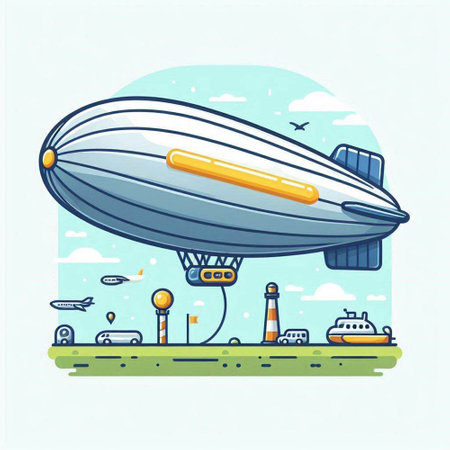 Airship in the sky. Vector illustration in flat cartoon style.のイラスト素材