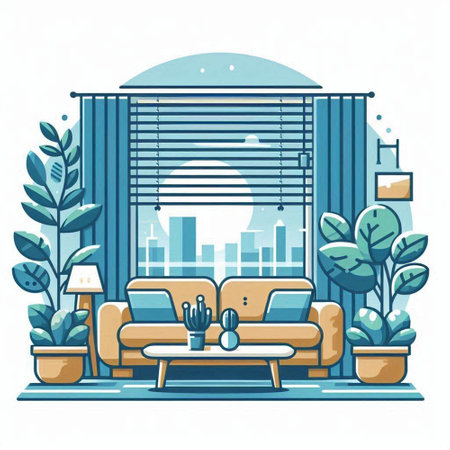 Modern living room interior with furniture and plants. Flat style vector illustration.のイラスト素材