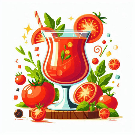 Tomato juice in a glass with slices of tomatoes, herbs and spices. Vector illustration.のイラスト素材