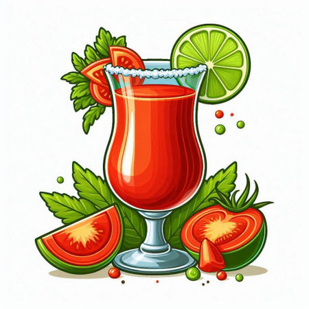 Illustration of a glass of tomato juice with lime and mint.のイラスト素材