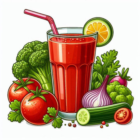 Illustration of a glass of fresh juice with vegetables and fruits.のイラスト素材