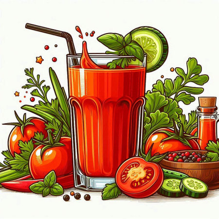 Vector illustration of a glass of tomato juice with fresh vegetables and spicesのイラスト素材