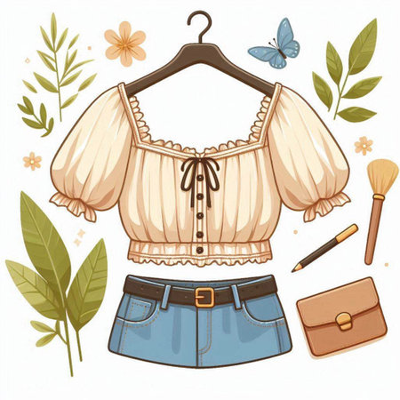 Women's blouse on a hanger and accessories. Vector illustration.のイラスト素材