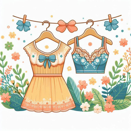 Summer clothes on a clothesline with flowers and leaves. Vector illustration.のイラスト素材