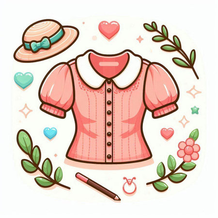 Illustration of pink cardigan, hat, flowers and hearts.のイラスト素材