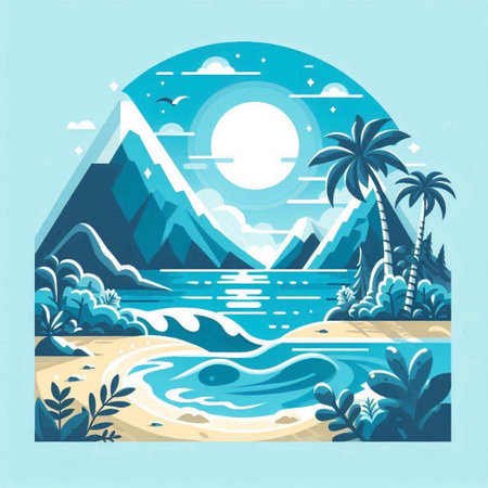 Tropical beach with palms and mountains in the background. Vector illustration.のイラスト素材
